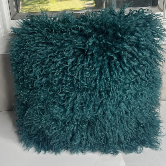 CB2 16 x 16 Mongolian Sheepskin Pillow with Feather Pillow Insert Teal Green